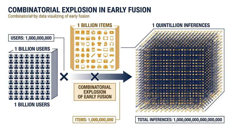 Early fusion requires evaluating every possible user-item combination, making it mathematically impossible at scale.