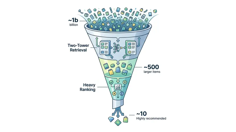 The two-tower model acts as a blunt filter, passing a small batch of candidates to a heavier ranking model.