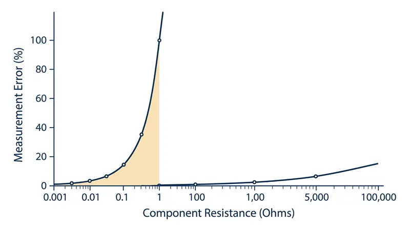 As the target component's resistance drops below one ohm, the error introduced by standard test leads grows exponentially.