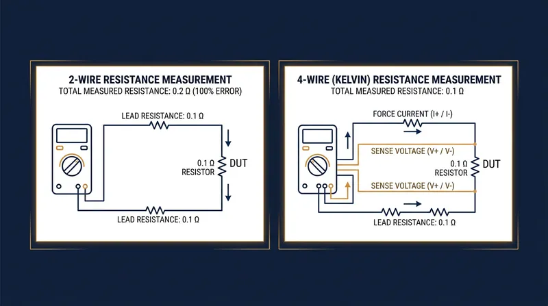 In a standard two-wire setup, the multimeter cannot distinguish the test leads' resistance from the component's resistance.