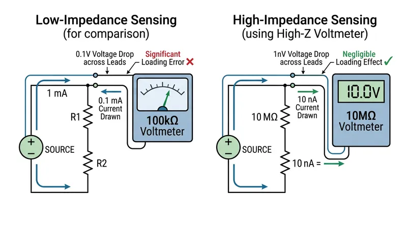 Because the voltmeter's input impedance is so high, it draws practically zero current, eliminating the voltage drop across the sense leads.