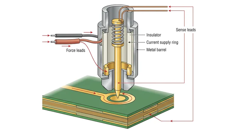 Kelvin probes use concentric contacts to perform four-wire measurements on microscopic circuit board pads.
