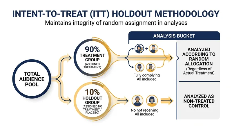 An intent-to-treat framework compares the entire eligible treatment group against the entire holdout group to eliminate selection bias.