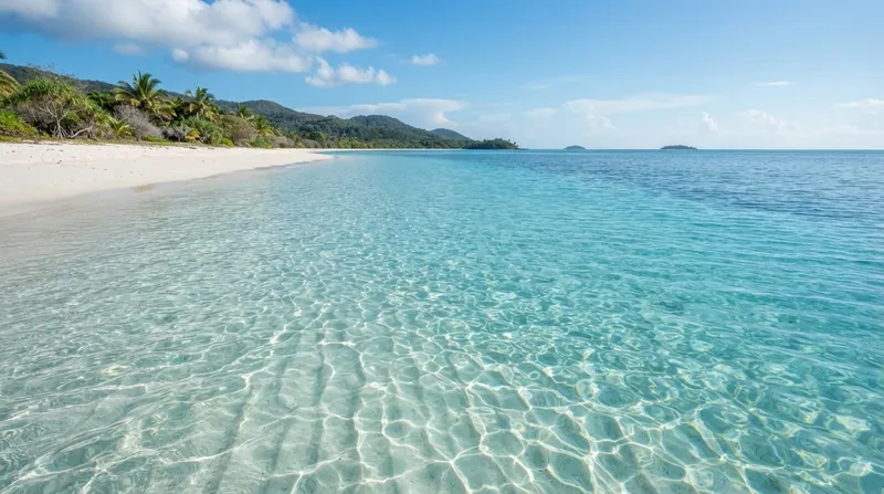 A split view showing a white sand beach with palm trees above the surface and crystal clear blue water below.
