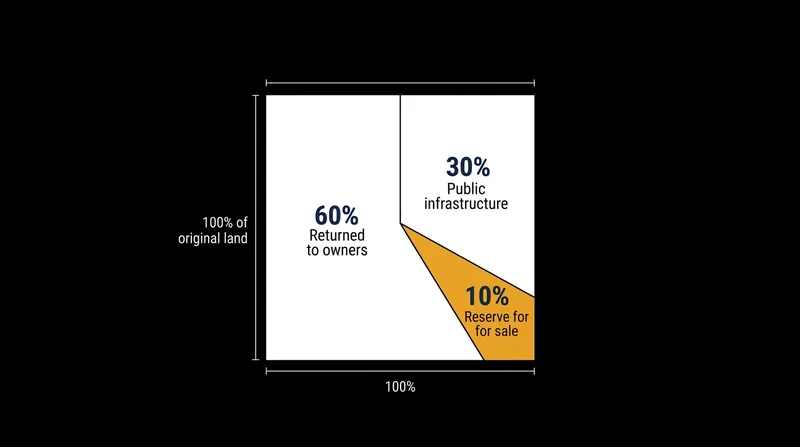 A typical land pooling distribution model, where the sale of reserve land finances the public infrastructure.