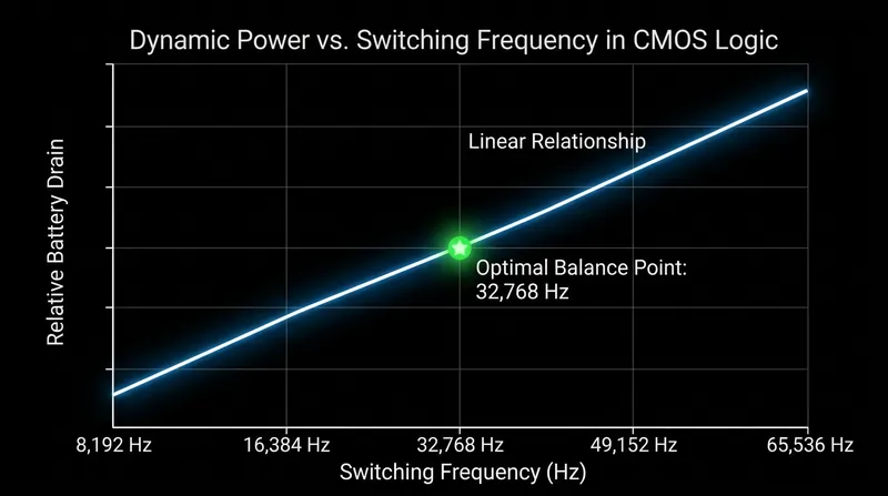 Because dynamic power dissipation scales directly with frequency, doubling the oscillation rate effectively halves battery life.