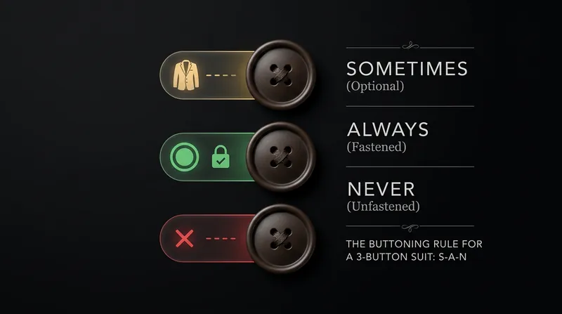 The traditional rule for a three-button jacket ensures the bottom hem hangs correctly.