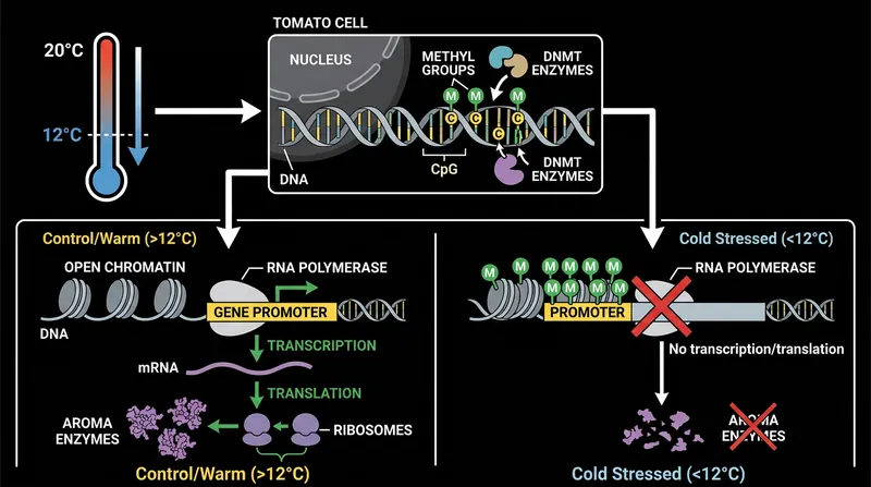 Temperatures below 12°C trigger DNA methylation, locking the genes that produce flavor enzymes.