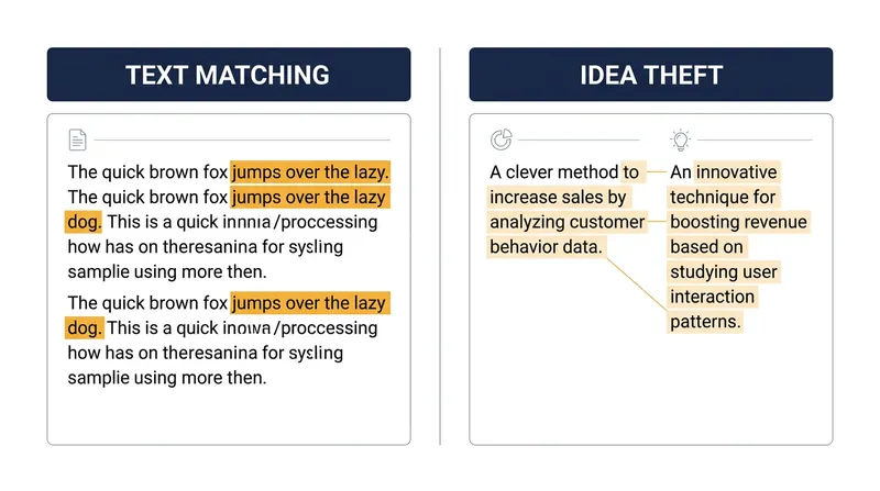 Algorithms detect verbatim textual overlap but remain blind to heavily paraphrased stolen ideas.