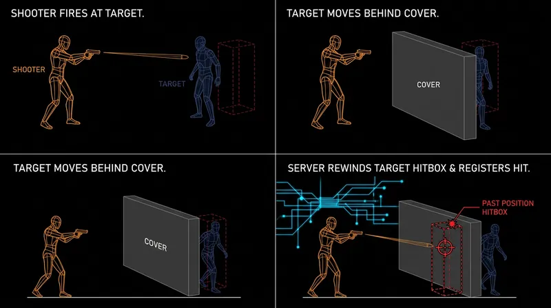 The server reconstructs the target's past position to validate the shooter's aim.