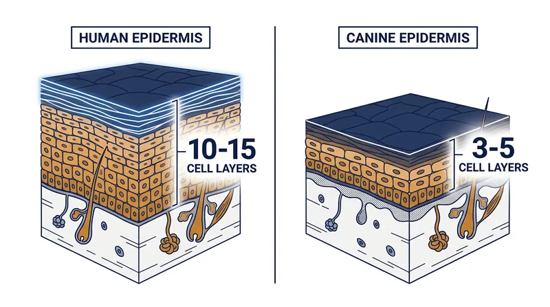 A dog's epidermis is significantly thinner than a human's, relying heavily on surface lipids for protection.
