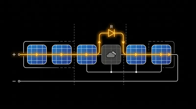 The bypass diode provides an alternate path, shunting the current around the shaded substring to prevent overheating.