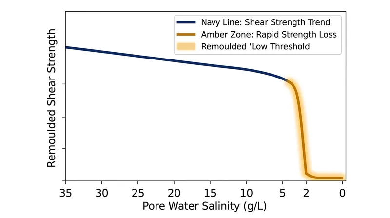 The structural integrity of marine clay collapses precipitously when salinity falls below 2 g/L.