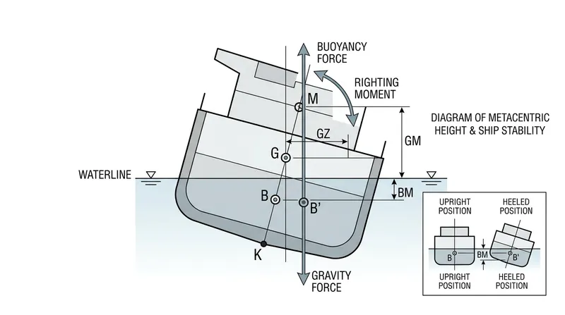 The righting arm (GZ) is the mechanical lever that pulls a heeled vessel back to an upright position.