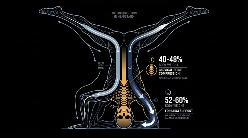 Force plate data shows the cervical spine absorbs nearly half the body's weight during a traditional headstand.