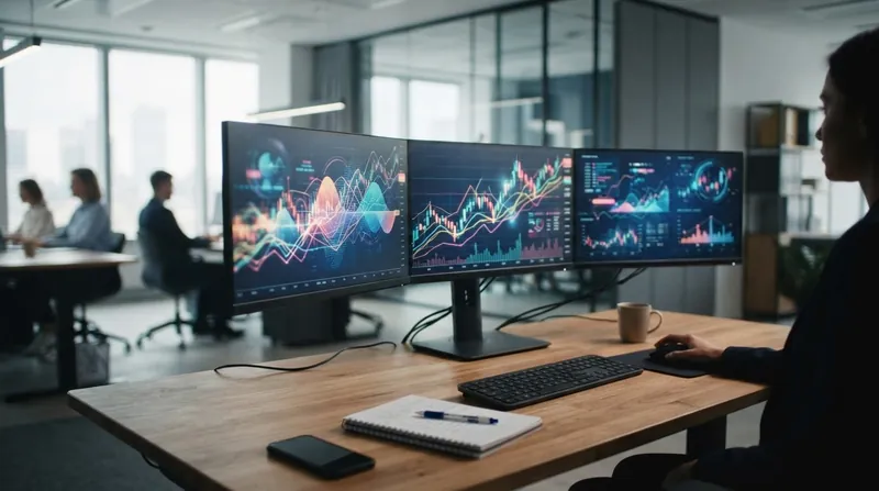 Digital stock market displays showing downward red trend lines on a modern trading floor.