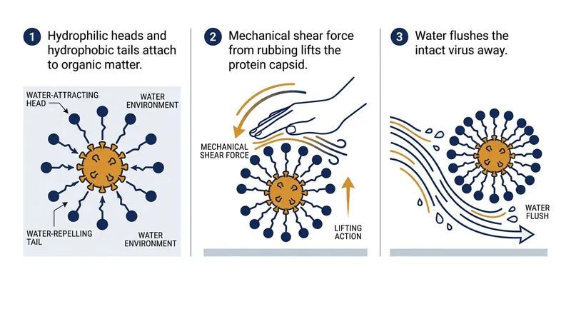 Soap does not chemically destroy norovirus; it acts as a mechanical crowbar to pry the capsid from the skin.
