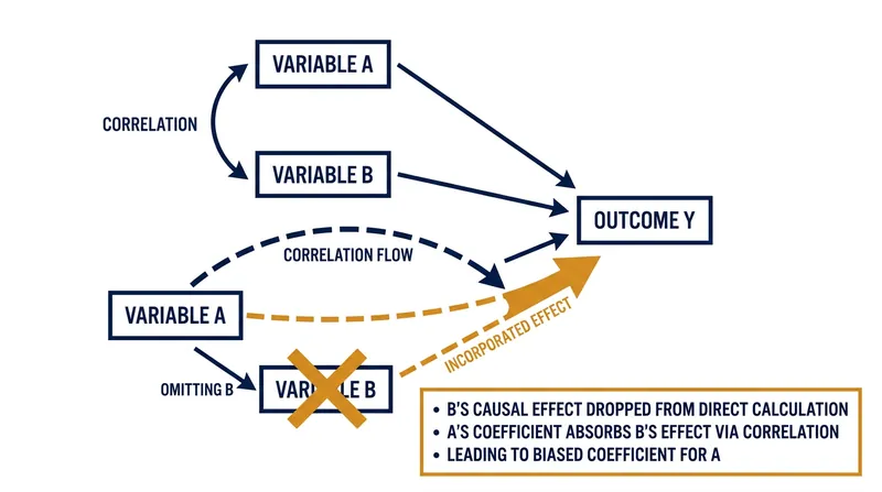 When a relevant variable is omitted, its causal effect is absorbed by the remaining correlated variables, systematically biasing their coefficients.