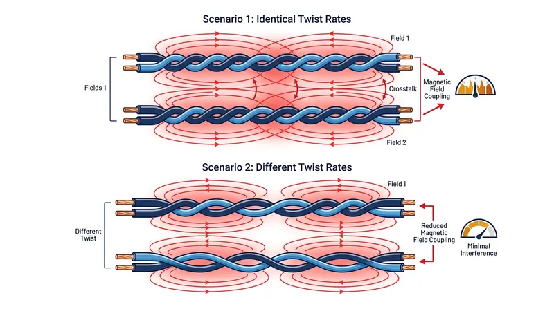Varying the twist rates prevents the conductors from running parallel, breaking the electromagnetic coupling.