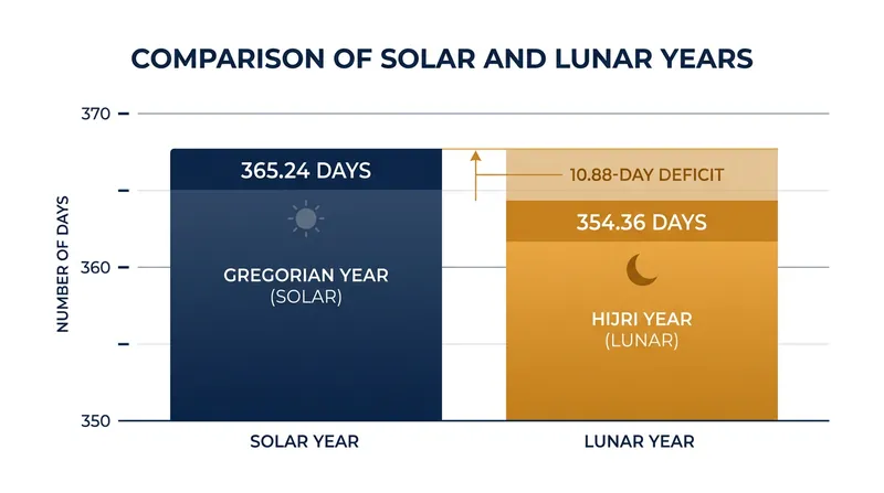 The 11-day annual deficit causes the Islamic calendar to cycle through the solar seasons.