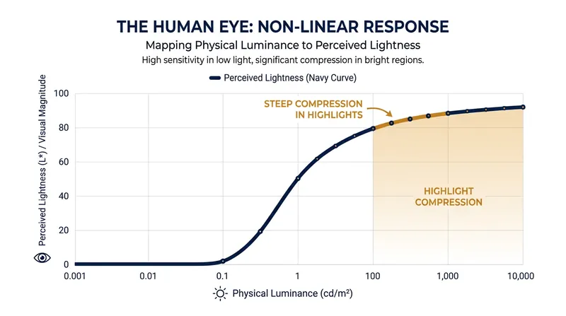 Human vision compresses incoming light logarithmically, allowing us to perceive detail across massive brightness ranges.