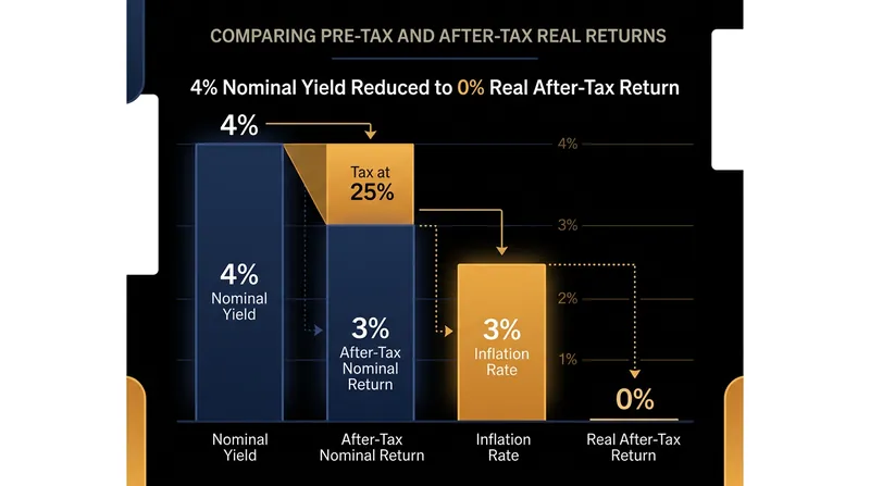 At a 25% tax rate, a 4% nominal yield during 3% inflation results in a 0% real after-tax return.