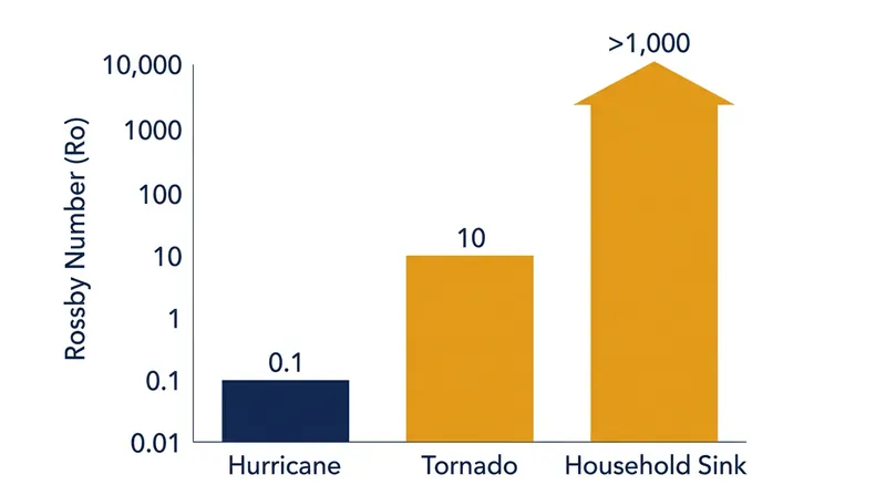The Rossby number illustrates how the Coriolis effect dominates large systems but vanishes at the household scale.