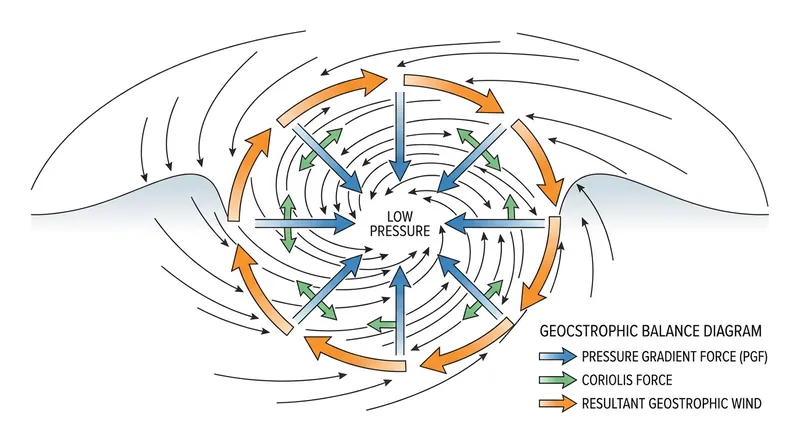 In massive weather systems, the Coriolis deflection perfectly balances the pressure gradient.
