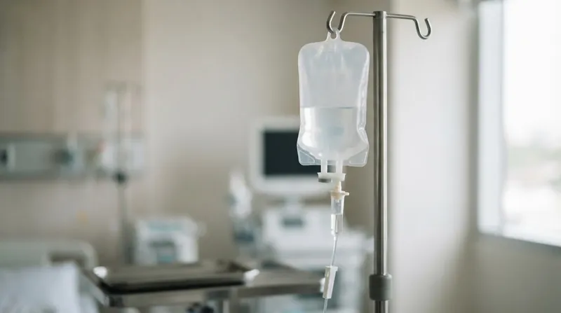 A clear intravenous fluid bag of normal saline hanging on a metal pole in a brightly lit intensive care unit.