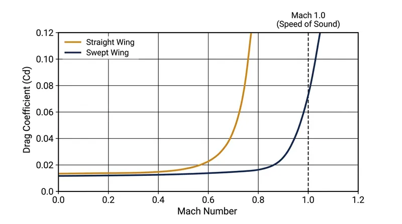 Sweeping the wing delays the critical Mach number, allowing the aircraft to fly faster before wave drag spikes.