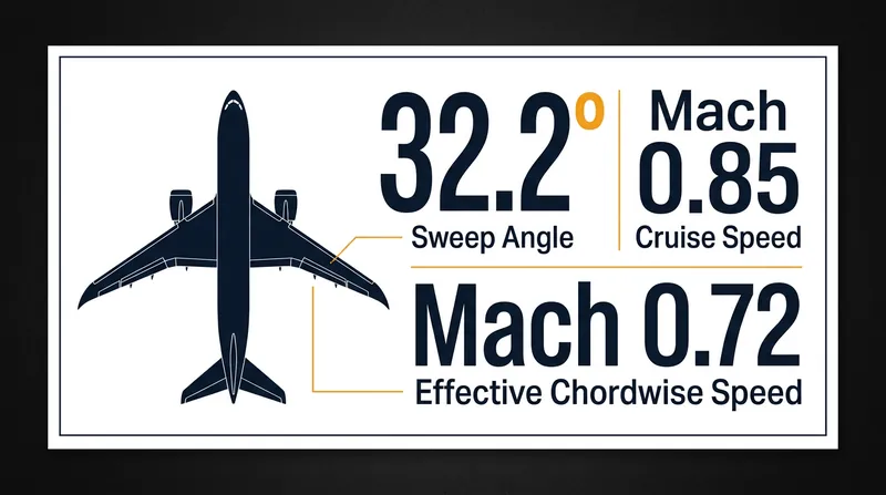 The 32.2-degree sweep of the Boeing 787 reduces its Mach 0.85 cruise speed to an effective chordwise speed of Mach 0.72.