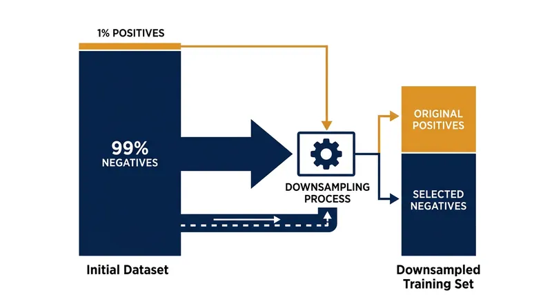 Downsampling discards the vast majority of ignored ad impressions to create a balanced training dataset.