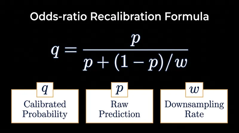 The closed-form prior correction mathematically reverses the distortion introduced during training.