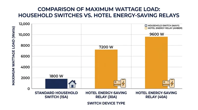 Heavy-duty 30-ampere relays are required to safely switch the combined load of a hotel room's lighting and air conditioning.