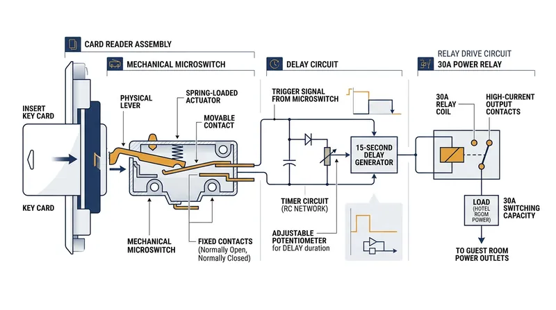 A mechanical microswitch closes the control circuit when physically depressed by the edge of a card.