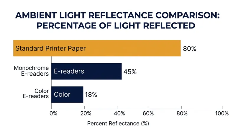Color filter arrays drop the ambient reflectance of an e-reader screen by more than half compared to monochrome models.