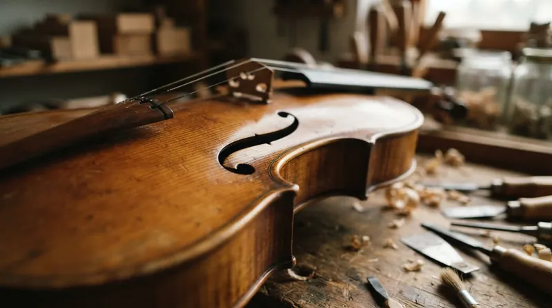 Close-up of the carved wooden f-hole on the body of an antique Stradivarius violin.