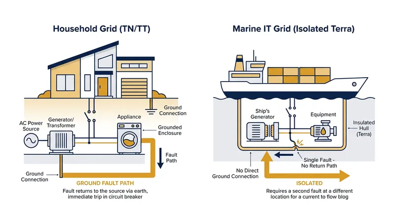 Marine electrical grids are intentionally isolated from the ship's hull to keep propulsion systems running during a fault.