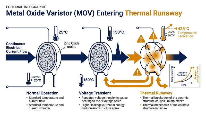 When subjected to continuous current during a shipboard fault, varistors quickly exceed their thermal limits and melt.