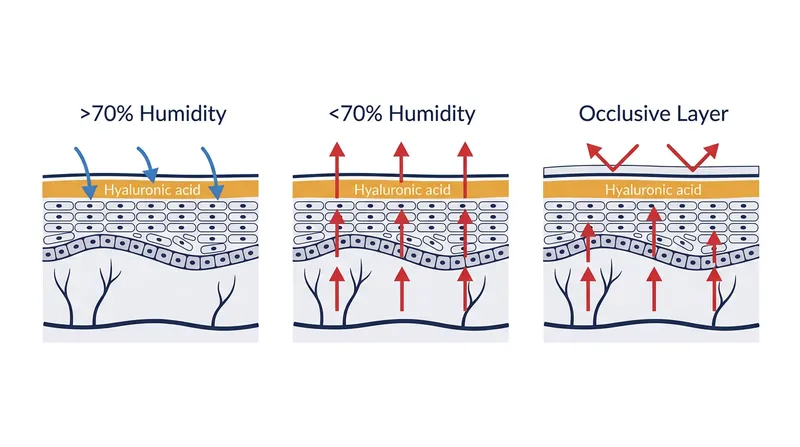 Below 70 percent humidity, hyaluronic acid pulls water from the dermis and loses it to the air unless sealed.