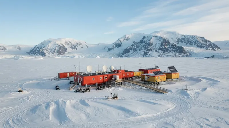 Aerial view of a remote scientific research station surrounded by vast white ice fields and jagged mountains in Antarctica.