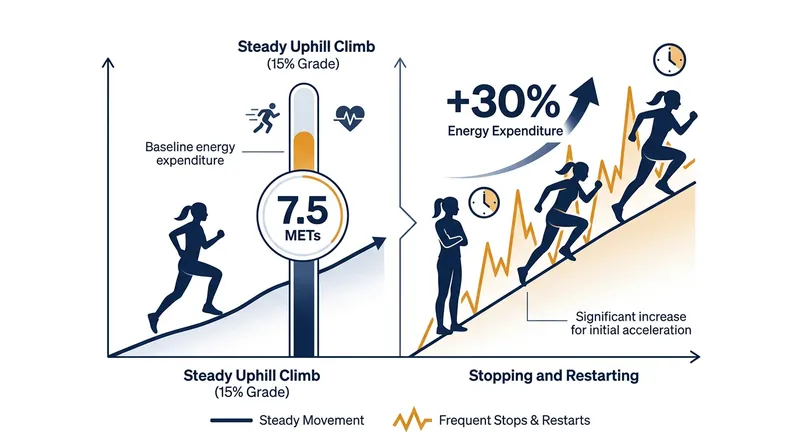 Stopping and restarting on a steep incline forces a severe metabolic penalty on the body.