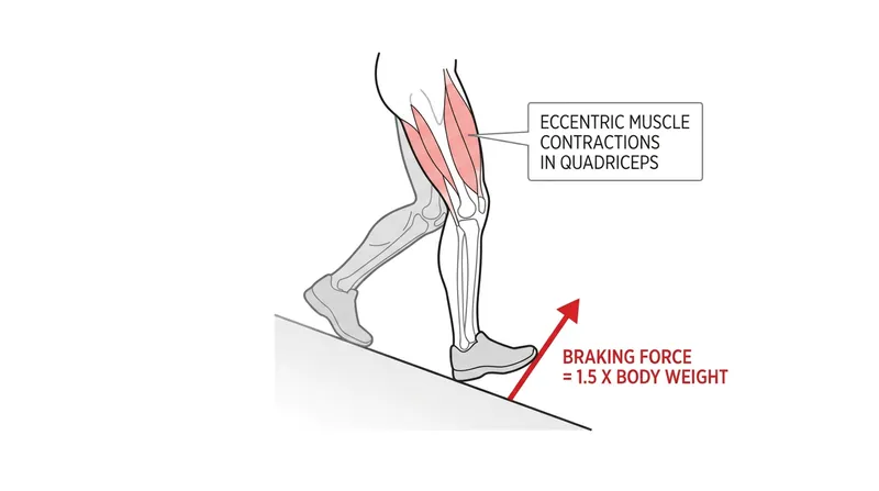 Every downhill step generates braking forces equal to 1.5 times the hiker's body weight.