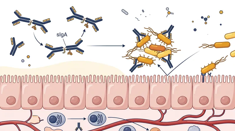Secretory IgA antibodies physically block bacterial colonization factors, preventing pathogens from anchoring to the gut lining.