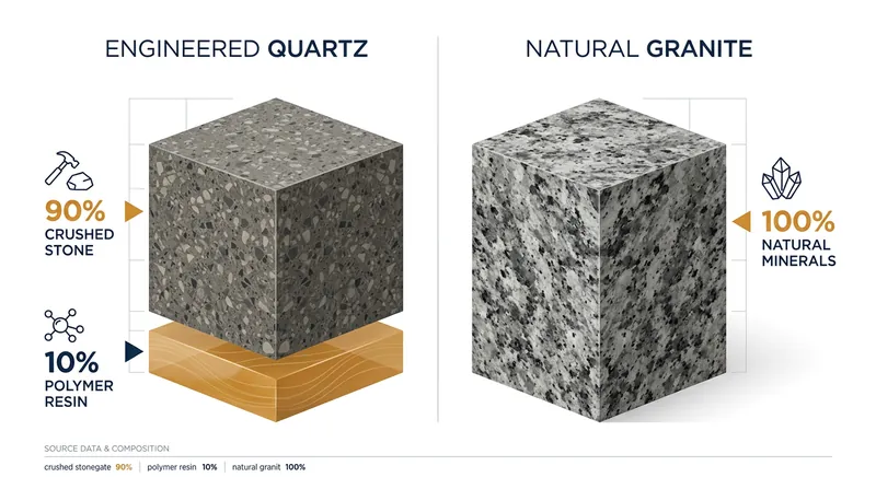 The synthetic polymer resin used to bind quartz dust is the material's thermal weak point.