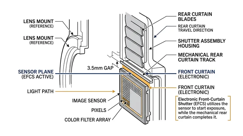The 3.5-millimeter physical gap between the electronic start and mechanical end of the exposure.