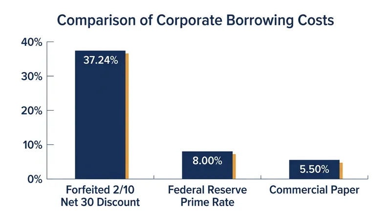 The implied cost of skipping an early payment discount dwarfs conventional commercial borrowing rates.
