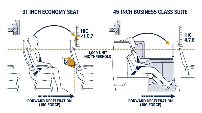 The extra legroom in a business class suite allows the head to accelerate to a higher velocity before impact, necessitating an airbag.