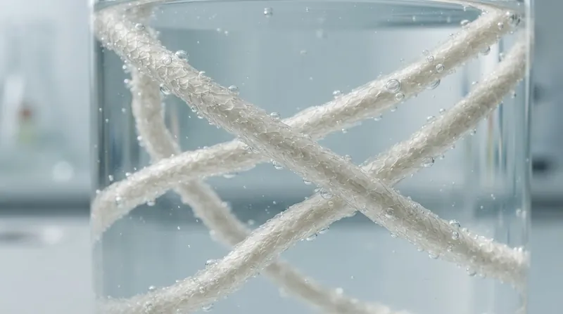 Extreme close-up of a thick wool sweater submerged in water with tiny bubbles clinging to the knit fibers.