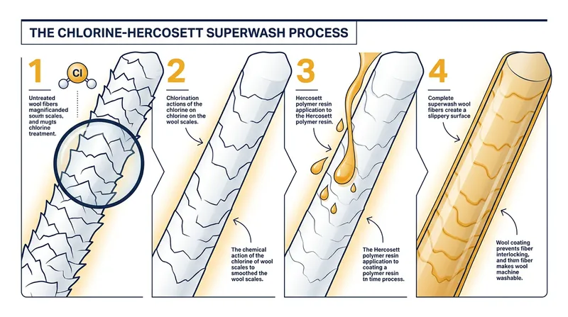 The superwash process chemically etches away the sharp edges of the scales and coats the fiber in a synthetic resin to equalize friction.
